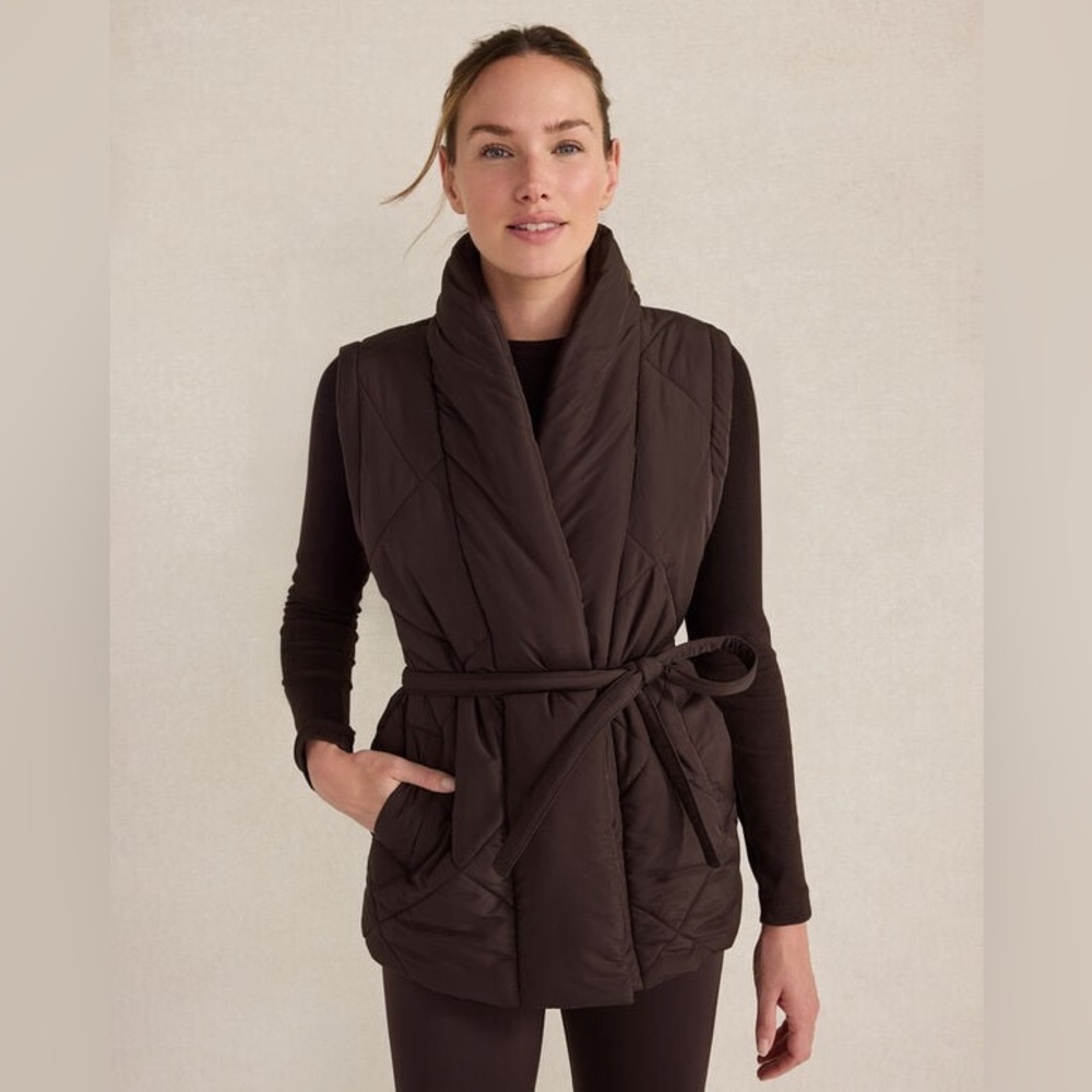 Haven Well Within Quilted Puffer Belted Vest Brown Shawl Collar XS